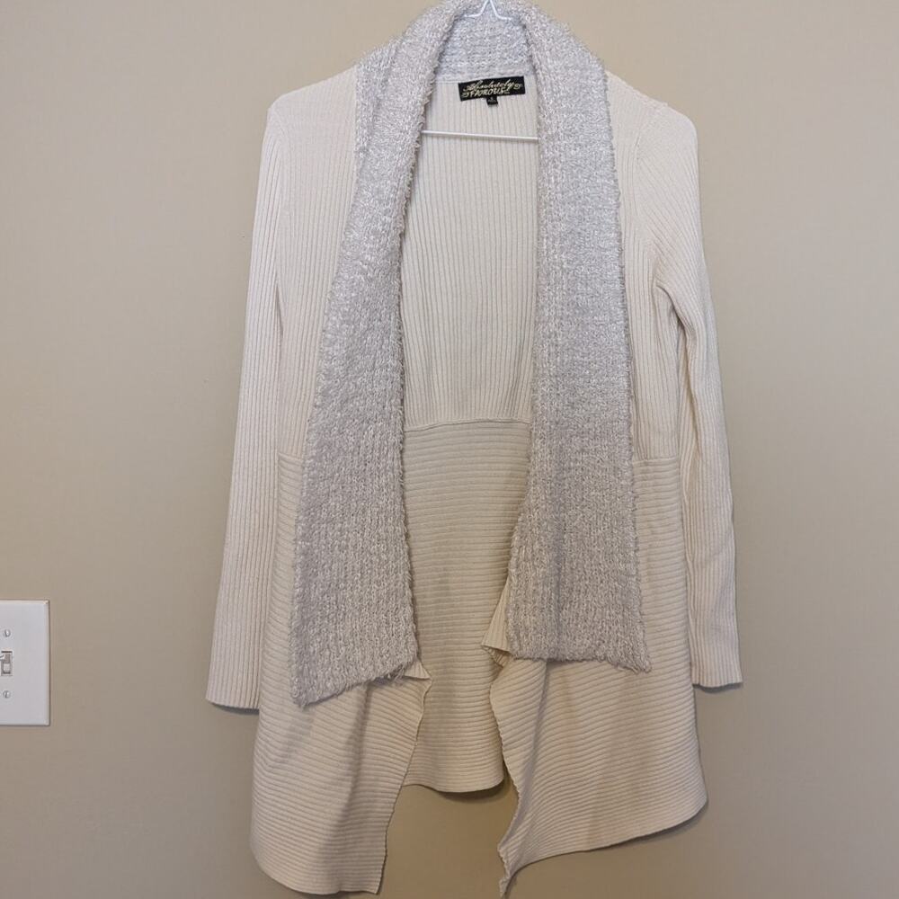 Absolutely Famous Cozy Chic Cream Sweater Cardigan With Waffle Knit Collar